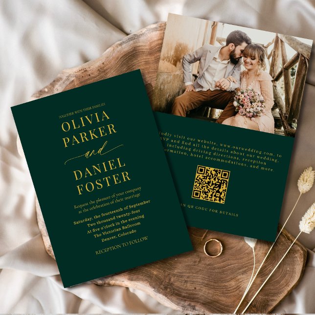 Emerald Green Gold QR Code Classic Foto Wedding Einladung (Von Creator hochgeladen)