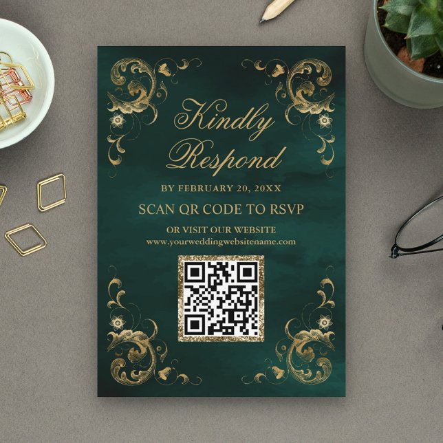 Emerald Green Gold QR Code UAWG Wedding Website Begleitkarte (Von Creator hochgeladen)