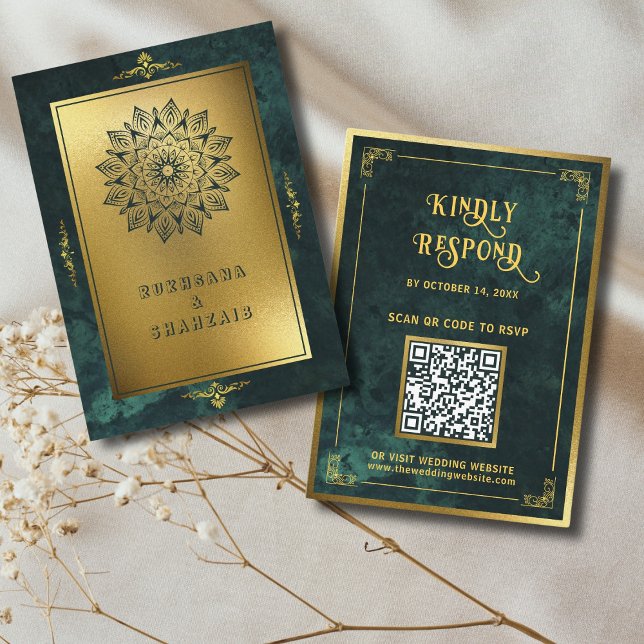 Emerald Green Gold QR Code UAWG Wedding Website Begleitkarte (Von Creator hochgeladen)