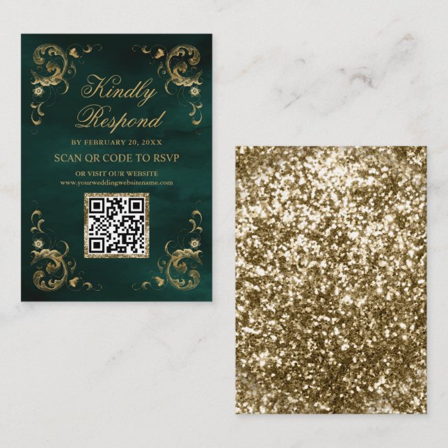 Emerald Green Gold QR Code UAWG Wedding Website Begleitkarte (Vorne/Hinten)