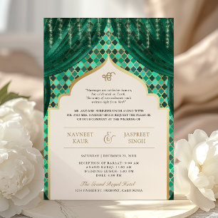 Emerald Green Gold Quatrefoil QR Code Sikh Wedding Einladung