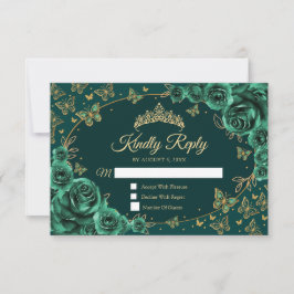 Emerald Green Gold Quinceanera Reply RSVP Karte