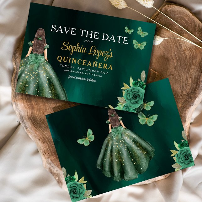 Emerald Green Gold Quinceanera Save The Date (Von Creator hochgeladen)