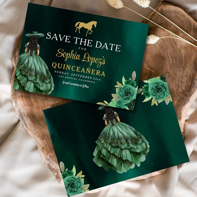 Emerald Green Gold Quinceanera Save The Date (Von Creator hochgeladen)