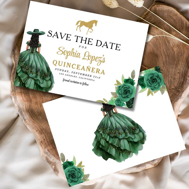 Emerald Green Gold Quinceanera Save The Date (Von Creator hochgeladen)