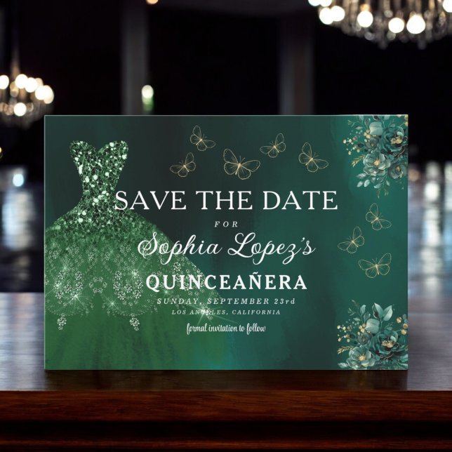 Emerald Green Gold Quinceanera Save The Date (Von Creator hochgeladen)