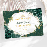 Emerald Green Gold Quinceanera Save the Date Ankündigung<br><div class="desc">Elegante Save the Date Einladungskarten in Emerald Green und Gold</div>