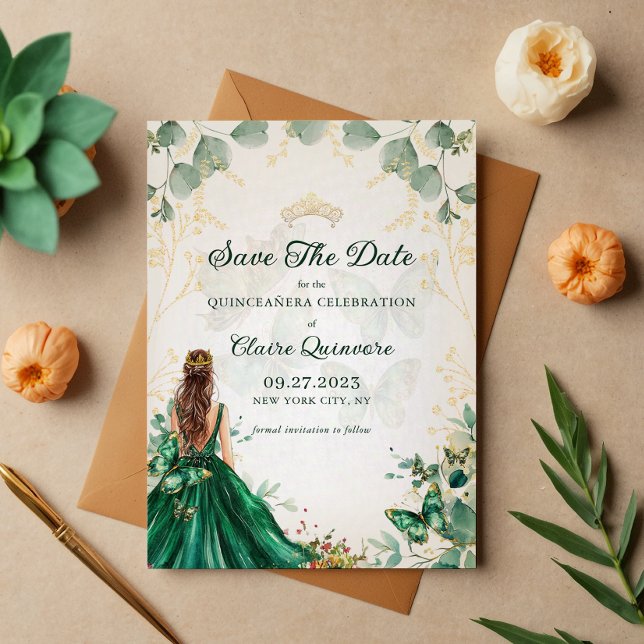 Emerald Green Gold Quinceanera Save the Date Ankündigung (Von Creator hochgeladen)