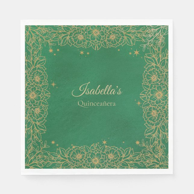 Emerald Green Gold Quinceañera Sweet 15 Luncheon Serviette (Vorderseite)