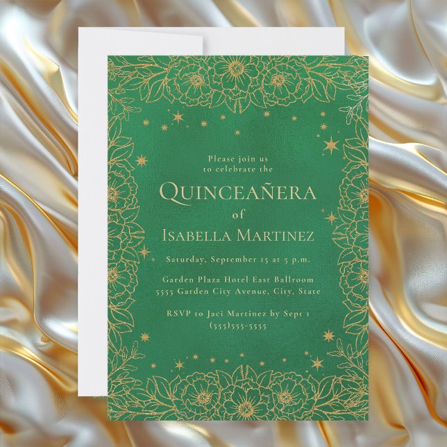 Emerald Green Gold Quinceñera Sweet 15 Einladung (Elegant emerald green and gold floral Quinceañera invitation)