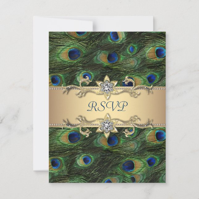 Emerald Green Gold Royal Indian Peacock Wedding RSVP Karte (Vorderseite)