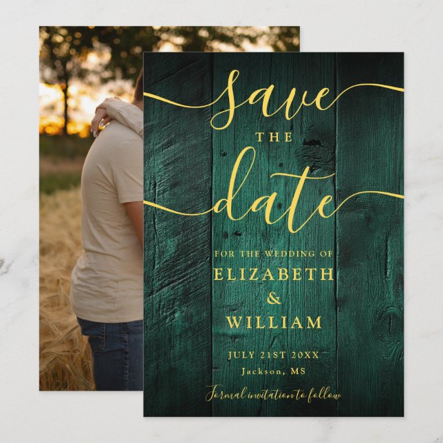 Emerald Green Gold Rustic Barn Wood Foto Hochzeit Save The Date (Vorne/Hinten)