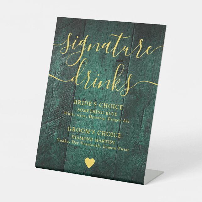 Emerald Green Gold Rustic Wood Signature Drinks Sockelschild (Vorderseite)