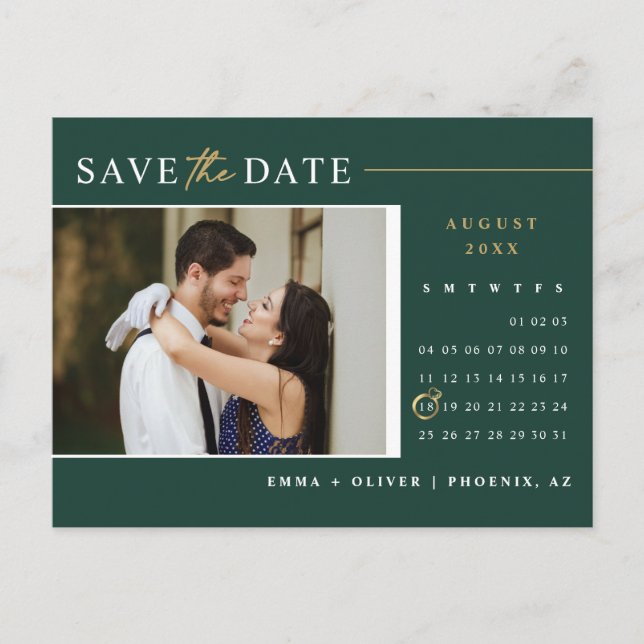 Emerald Green Gold Save the Date Calendar QR-Code Postkarte (Vorderseite)