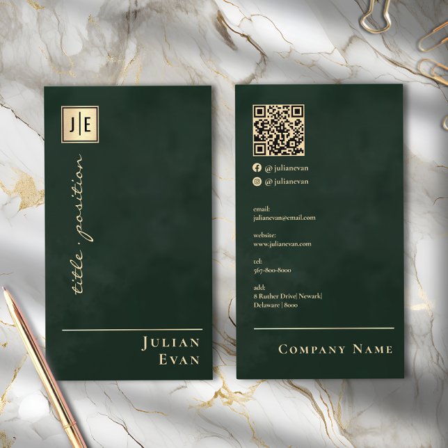 Emerald Green & Gold Scannable QR Code Monogram Visitenkarte (Emerald Green & Gold Scannable QR Code Monogram Business Card )