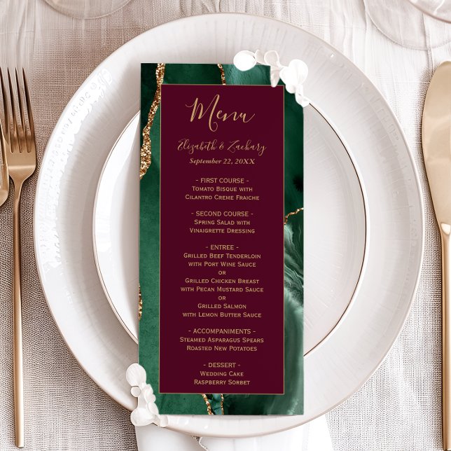 Emerald Green Gold Script Burgundy Wedding Menu Menükarte (Von Creator hochgeladen)