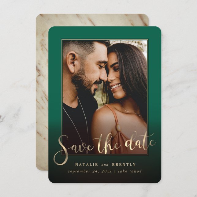 Emerald Green Gold Script & Marble Foto Overlay Save The Date (Vorne/Hinten)