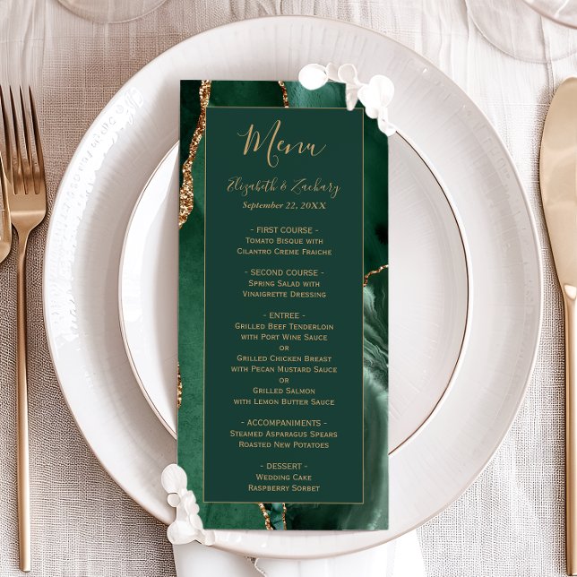 Emerald Green Gold Script Wedding Menu Menükarte (Von Creator hochgeladen)
