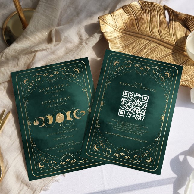 Emerald Green Gold Tarot Celestial QR Code Wedding Einladung (Von Creator hochgeladen)