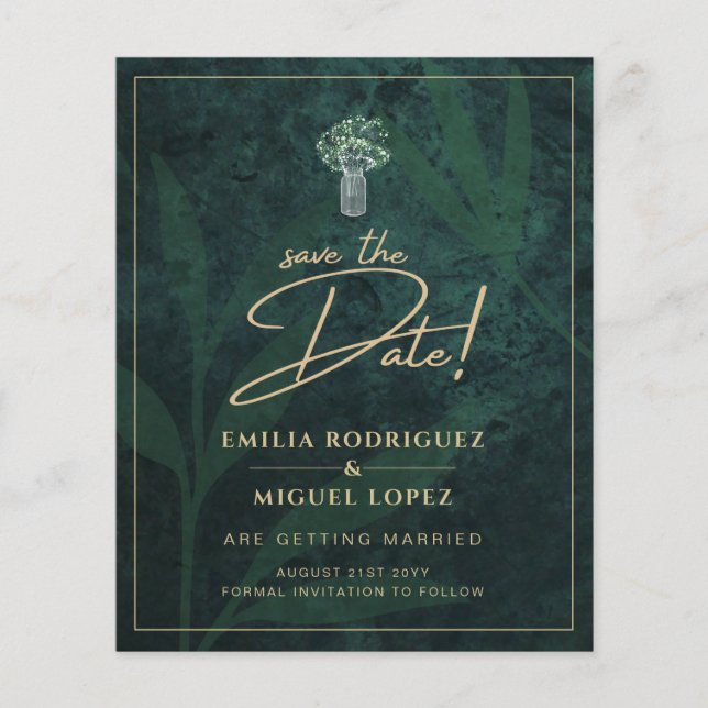 Emerald Green Gold Text Gypsophila Wedding Flyer (Vorne)
