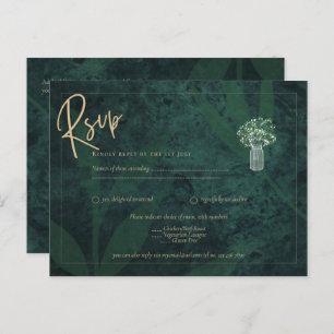 Emerald Green Gold Text Gypsophila Wedding RSVP Postkarte