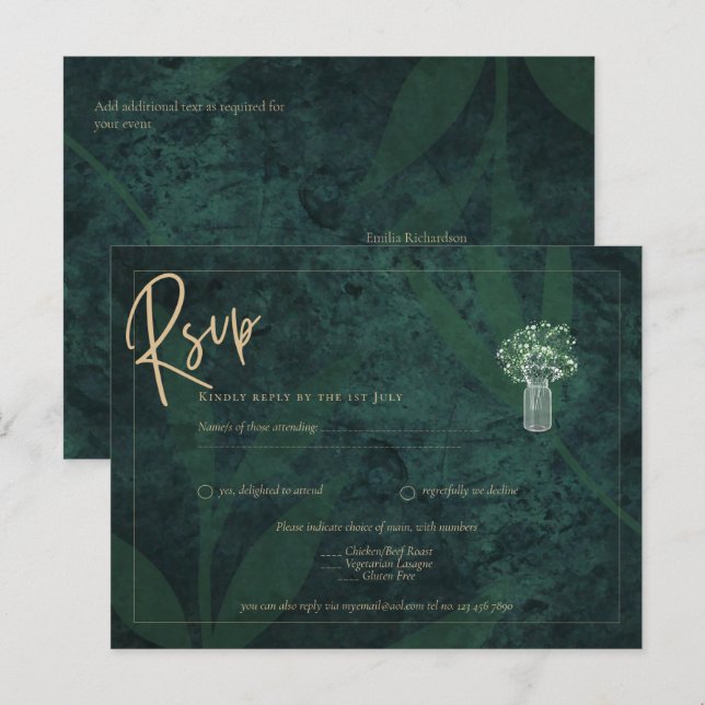 Emerald Green Gold Text Gypsophila Wedding RSVP Postkarte (Vorne/Hinten)