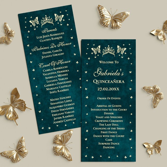 Emerald Green Gold Tiara Butterflies Quinceañera Programm (Emerald Green Gold Tiara Butterflies Quinceañera Program)