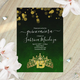 Emerald Green, Gold Tiara Quinceanera Einladung