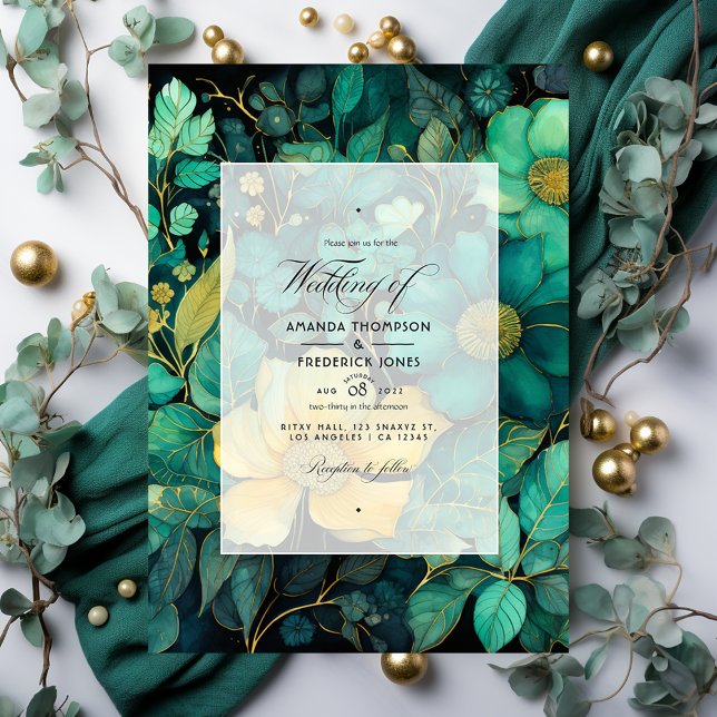 Emerald Green, Gold und Black Floral Wedding Einladung (Von Creator hochgeladen)