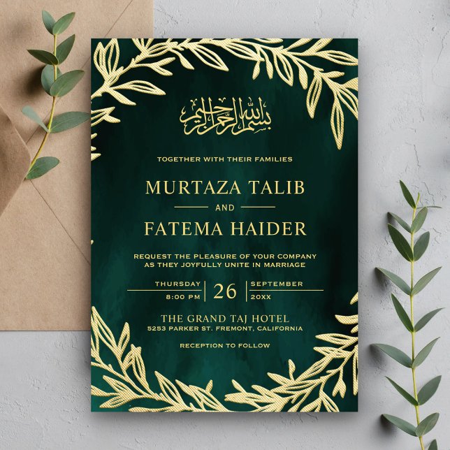 Emerald Green Gold Verlasse islamische Hochzeit Einladung (Von Creator hochgeladen)