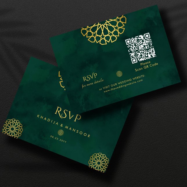 Emerald Green Gold Verziert QR Code Wedding RSVP Begleitkarte (Von Creator hochgeladen)