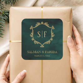 Emerald Green Gold Wappen Monogram Gastgeschenk Ho Quadratischer Aufkleber