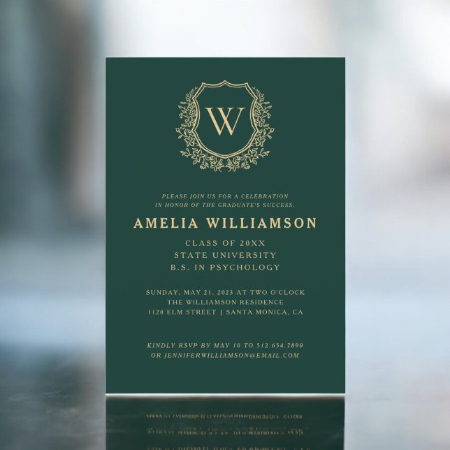 Emerald Green Gold Wappen Monogram Graduation Part Einladung (Von Creator hochgeladen)