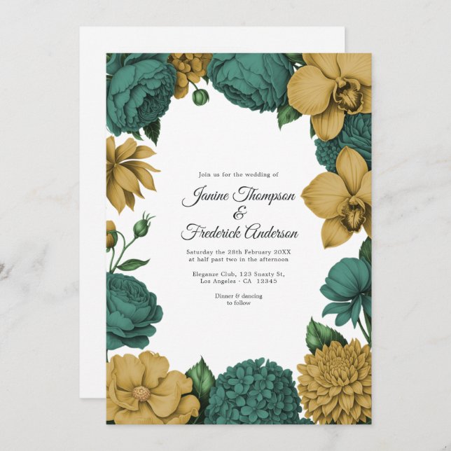 Emerald Green & Gold Watercolor Floral Wedding Einladung (Vorne/Hinten)