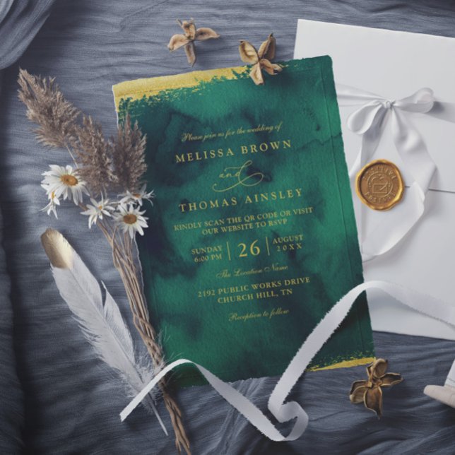 Emerald Green Gold Watercolor QR Code Wedding Einladung (Von Creator hochgeladen)