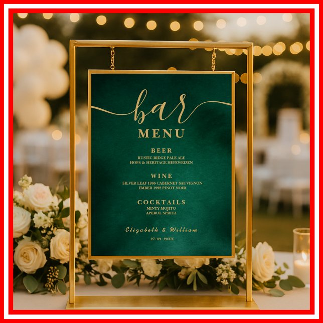 Emerald Green & Gold Wedding Bar Menu Poster (Von Creator hochgeladen)