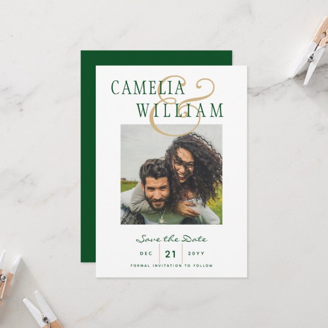 Emerald Green Gold Wedding FOTO Save the Date Einladung (Vorderseite/Rückseite Beispiel)