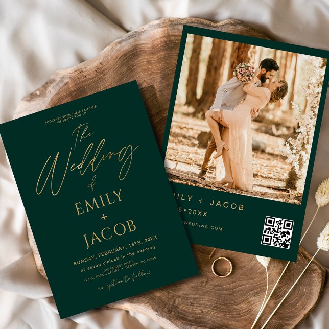 Emerald Green Gold Wedding QR Code Foto Einladung (Von Creator hochgeladen)