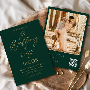Emerald Green Gold Wedding QR Code Foto Script Einladung