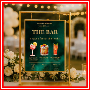 Emerald Green & Gold Wedding Signature Drinks Bar Poster