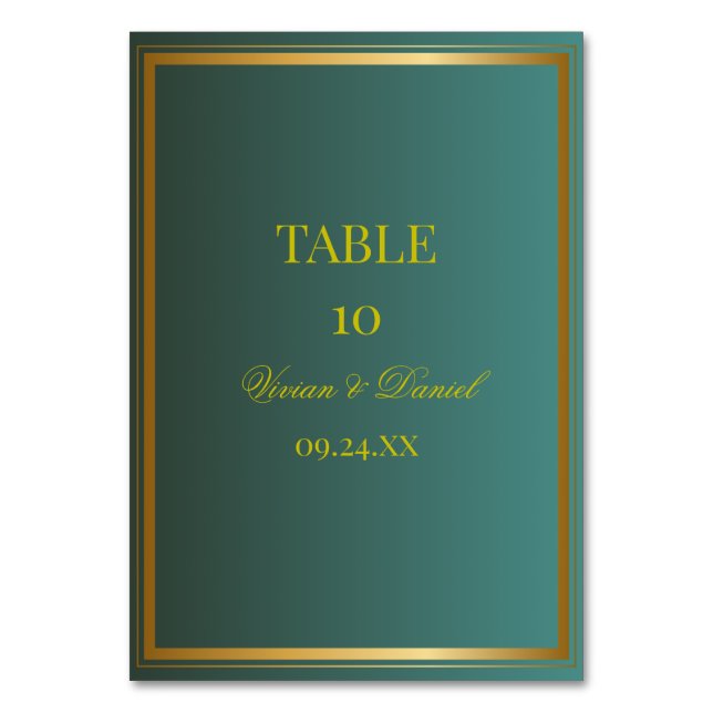 Emerald Green & Gold Wedding Table Number Card Tischnummer (Vorderseite)