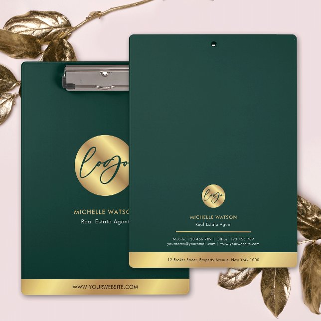Emerald Green & Gold-Werbeaktion Klemmbrett (Modern business branded clipboard in emerald green and faux gold with your logo and contact details)