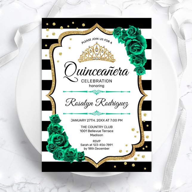 Emerald Green Gold White Quinceanera Einladung (Von Creator hochgeladen)