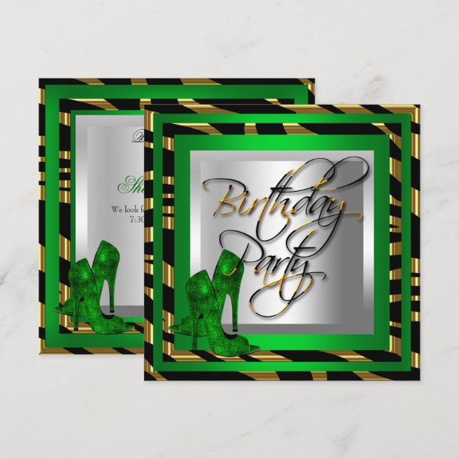 Emerald Green Gold Zebra Black High Heel Shoes Einladung (Vorne/Hinten)