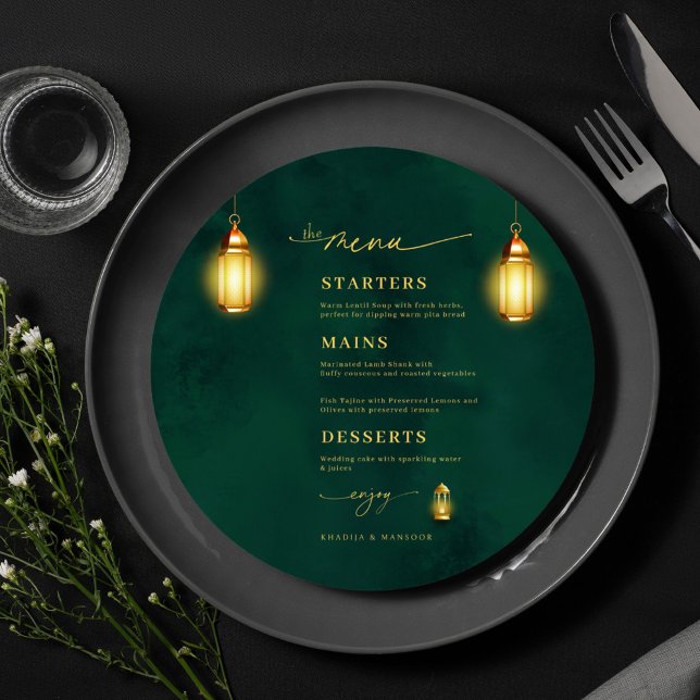 Emerald Green Golden Light Round Wedding Menu Card Einladung (Von Creator hochgeladen)