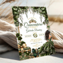 Emerald Green Golden Tiara Floral Quinceañera Einladung