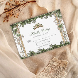 Emerald Green Golden Tiara Floral Quinceañera RSVP Karte