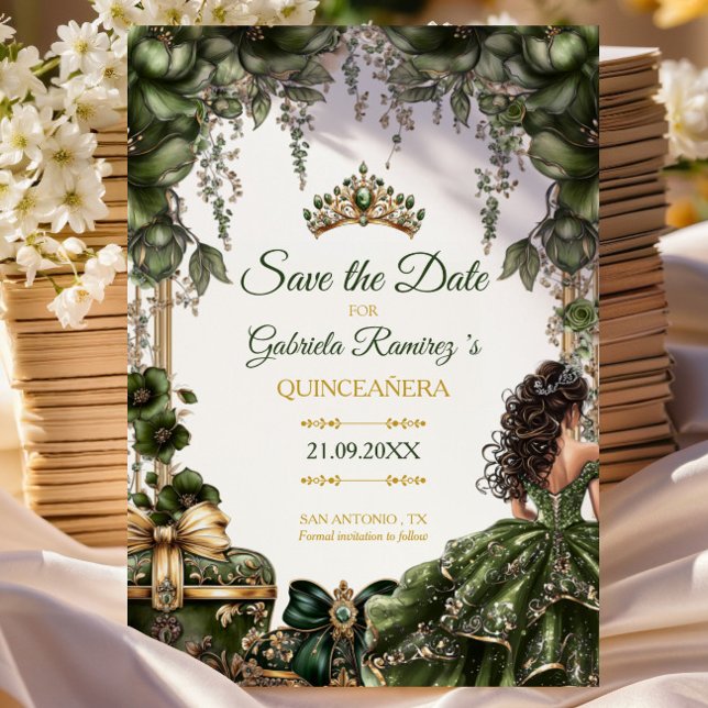 Emerald Green Golden Tiara Floral Quinceañera Save The Date (Von Creator hochgeladen)