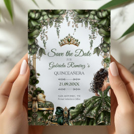 Emerald Green Golden Tiara Floral Quinceañera Save The Date