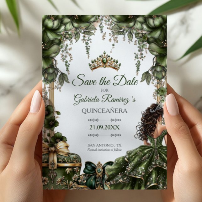 Emerald Green Golden Tiara Floral Quinceañera Save The Date (Von Creator hochgeladen)
